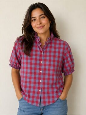 Upcycled Bonobos Pink and Blue Gingham Ruffle Collar Button-Down Shirt